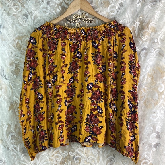 Coco + Jaimeson Boho Chic Off The Shoulder Mustard yellow retro floral Fall M - Picture 15 of 15
